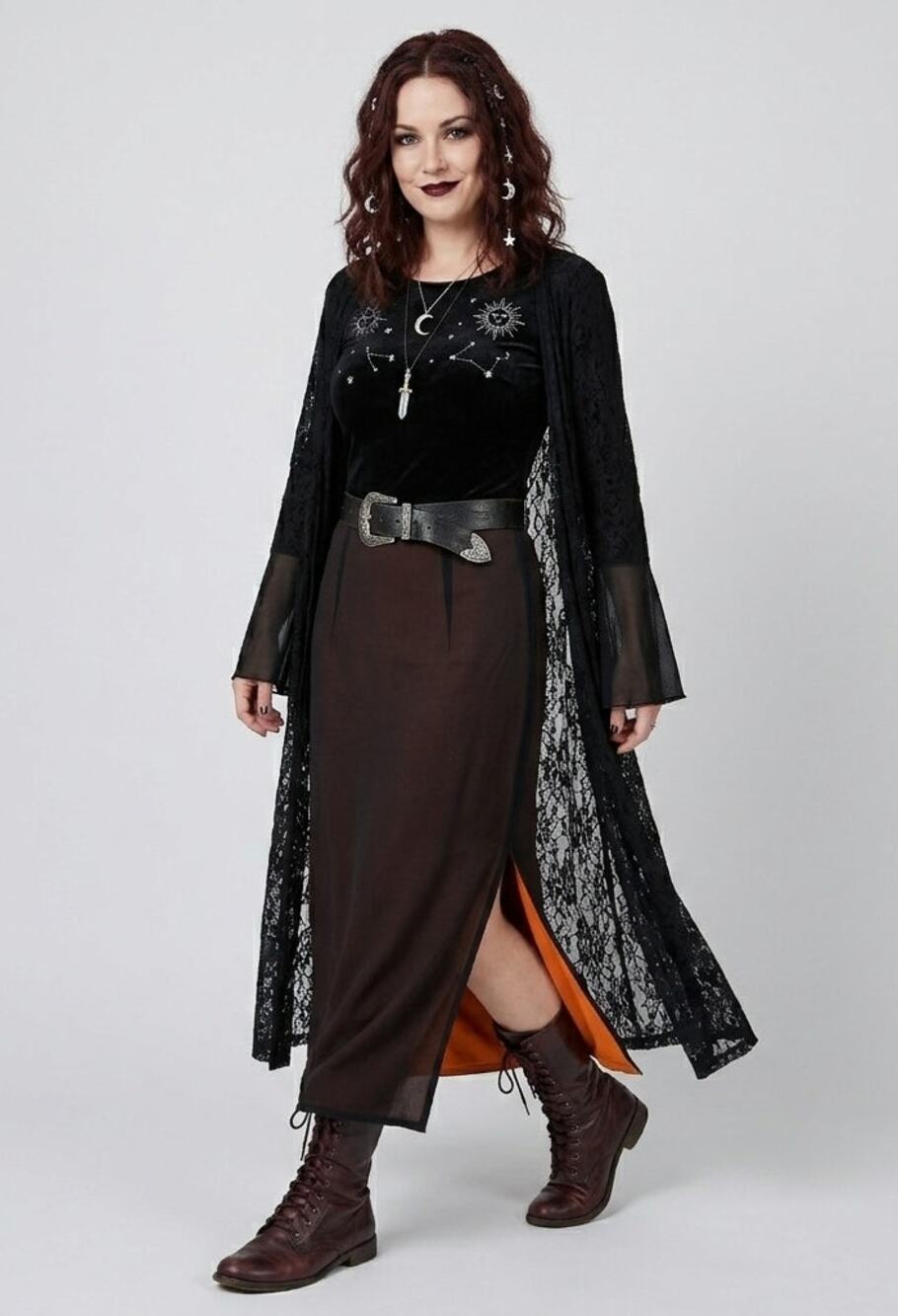 Vintage Y2K 90s Fancy Espresso Orange Slit Maxi Skirt M Witchy Whimsigoth Autumn